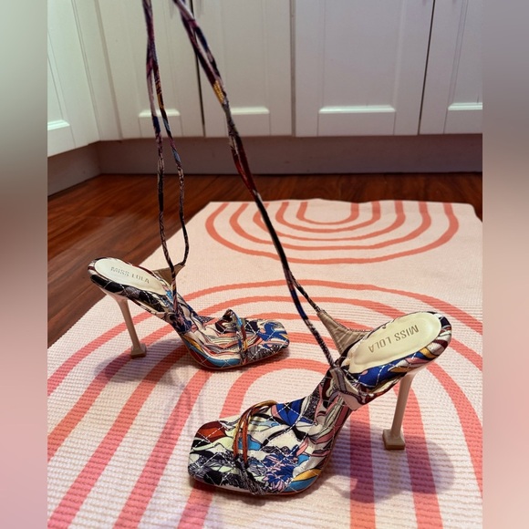 Miss Lola Shoes - Miss Lola Multicolor Floral Lace-Up Stiletto Sandals